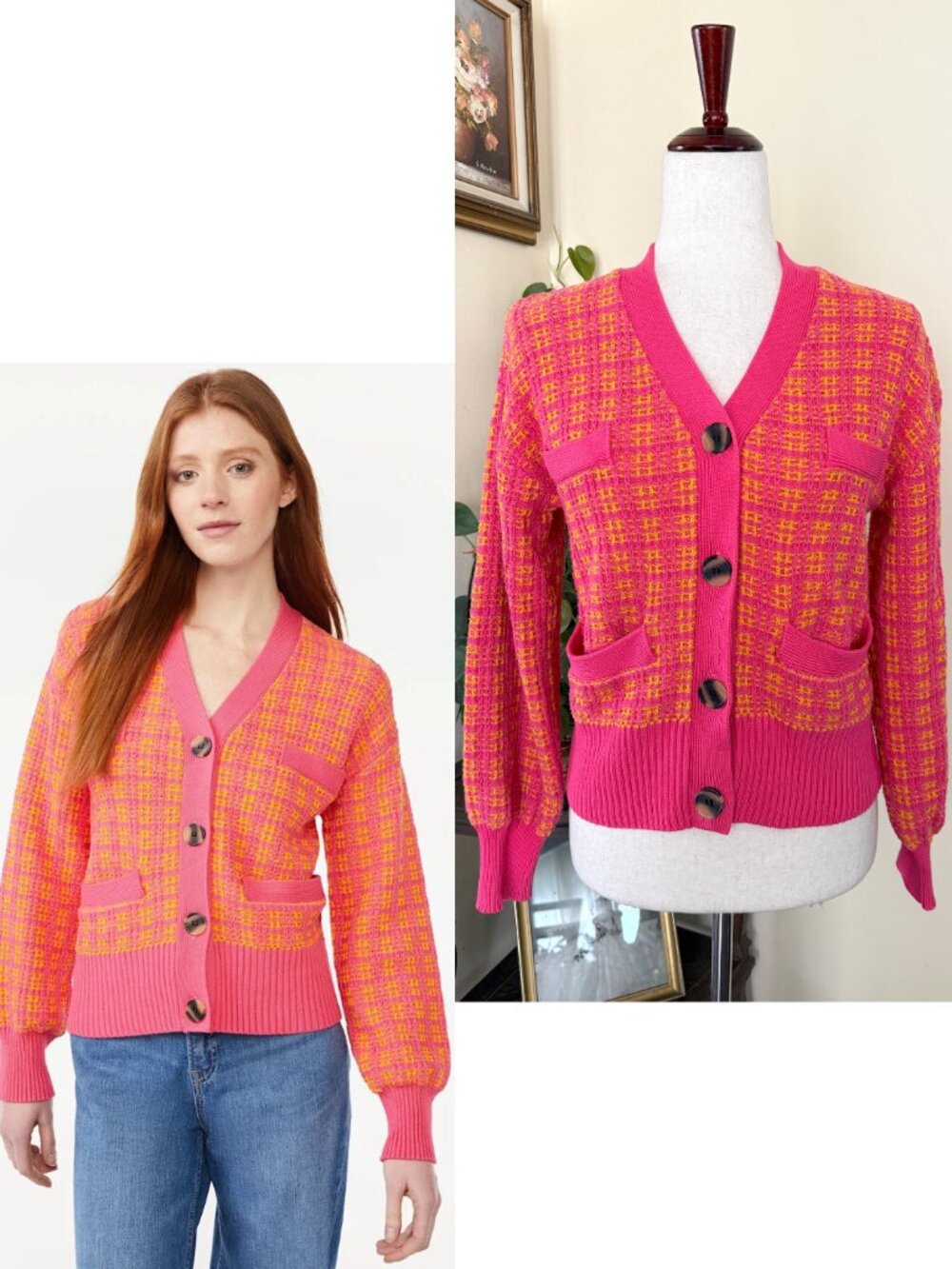Free Assembly Hot Pink Orange Soft Tweed Knit Cardigan Sweater sz S